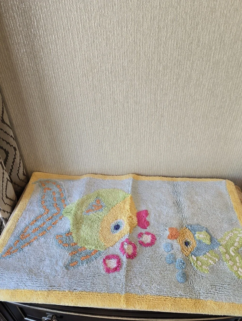 Pottery Barn Kids Fish Embroidered Bath Mat Towel Set in Yellow, Blue & Pink